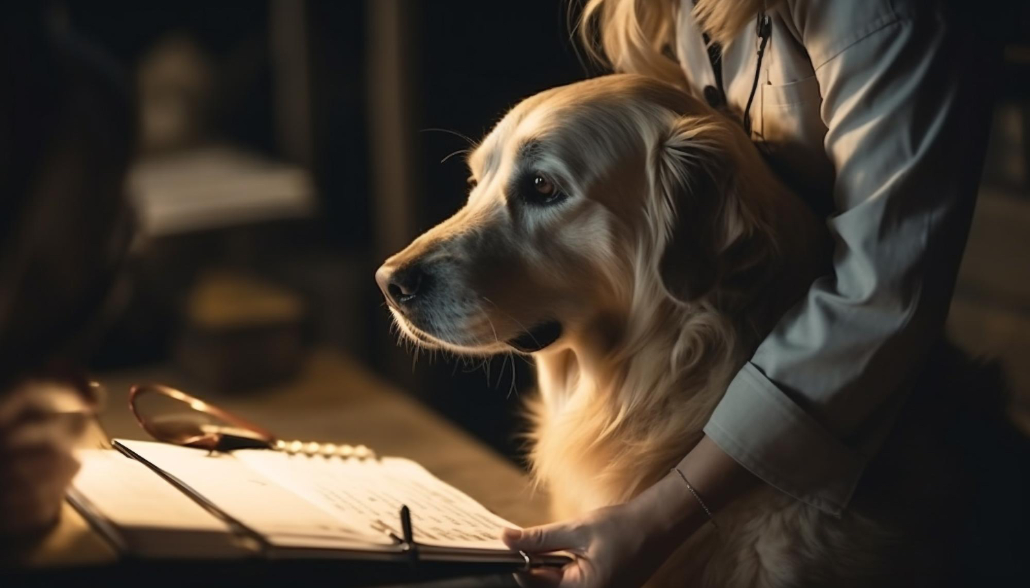 A Skillman Animal Clinic veterinarian gently examining a golden retriever with a stethoscope